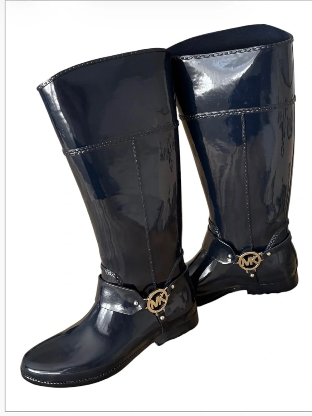 Michael Kors Fulton Harness Rain Boots Womens 9 Navy Glossy Tall Knee High MK
